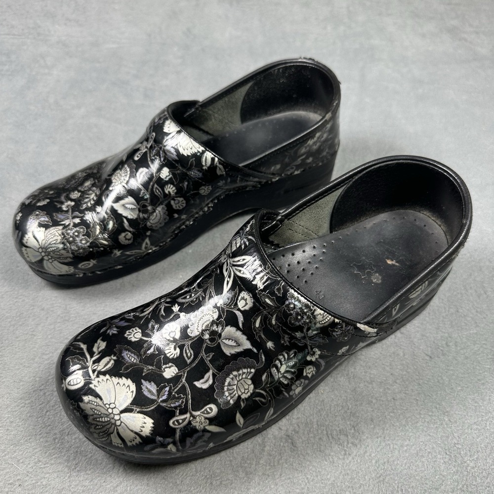 Dansko Professional Floral Patent Leather Clogs Black Silver EU 43 US 12.5